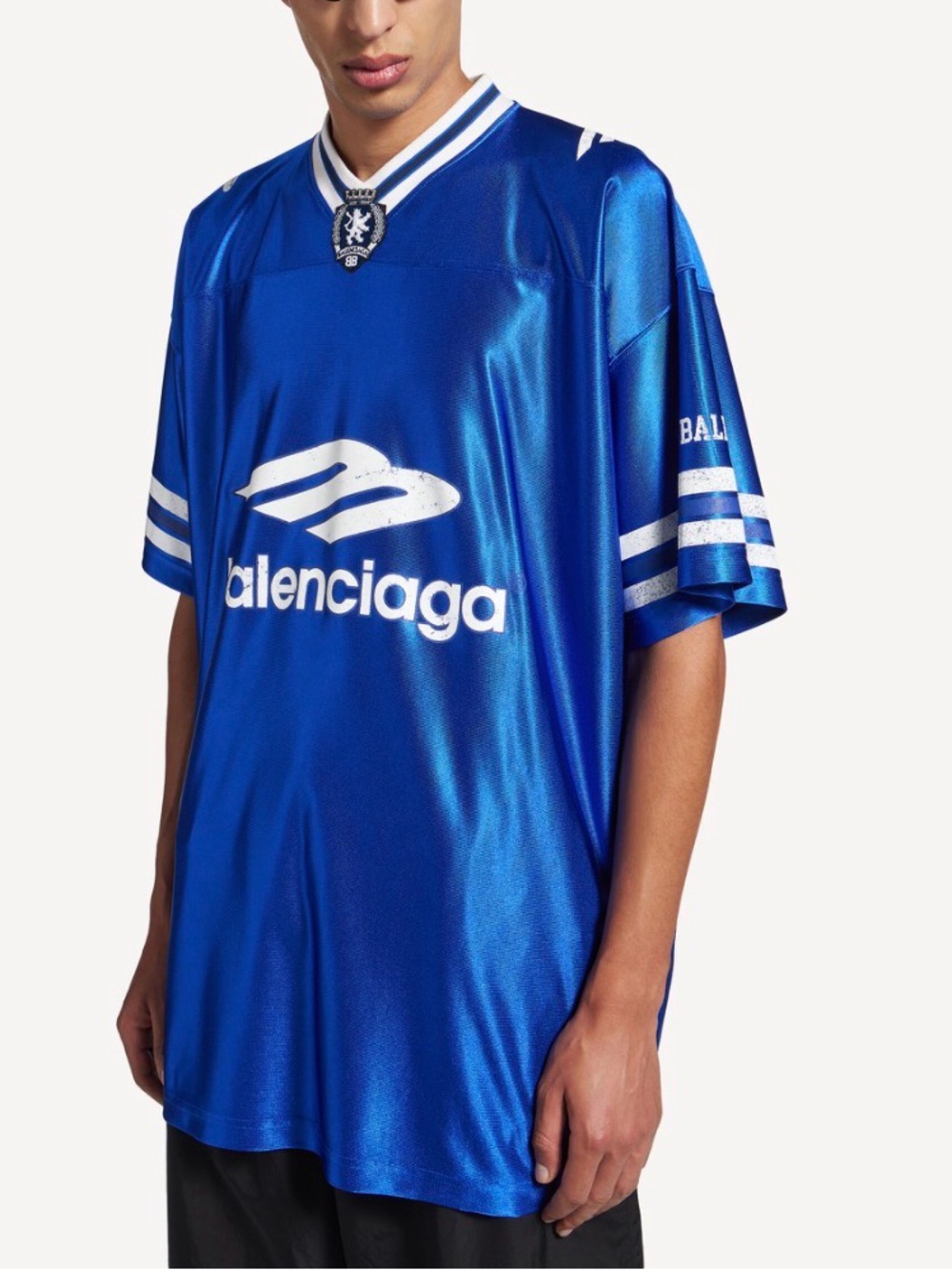 Balenciaga  MEN'S 3B FOOTBALL V-NECK T-SHIRT OVERSIZED IN ROYAL BLUE/WHITE
